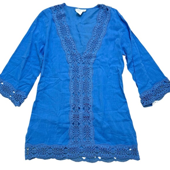 La Blanca Sz XS coverup Blue Crochet Beach Cover-Up 100% cotton Vacation boho - Picture 2 of 5